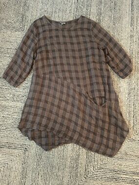 Niche Nilgun Derman Plaid Asymmetrical Linen Blend Tunic Top Lagenlook Medium